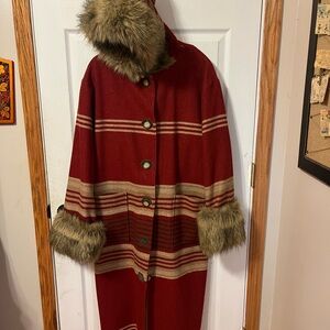 Tasha Polizzi woolrich blanket Red Striped Hooded Coat with Faux Fur Trim
